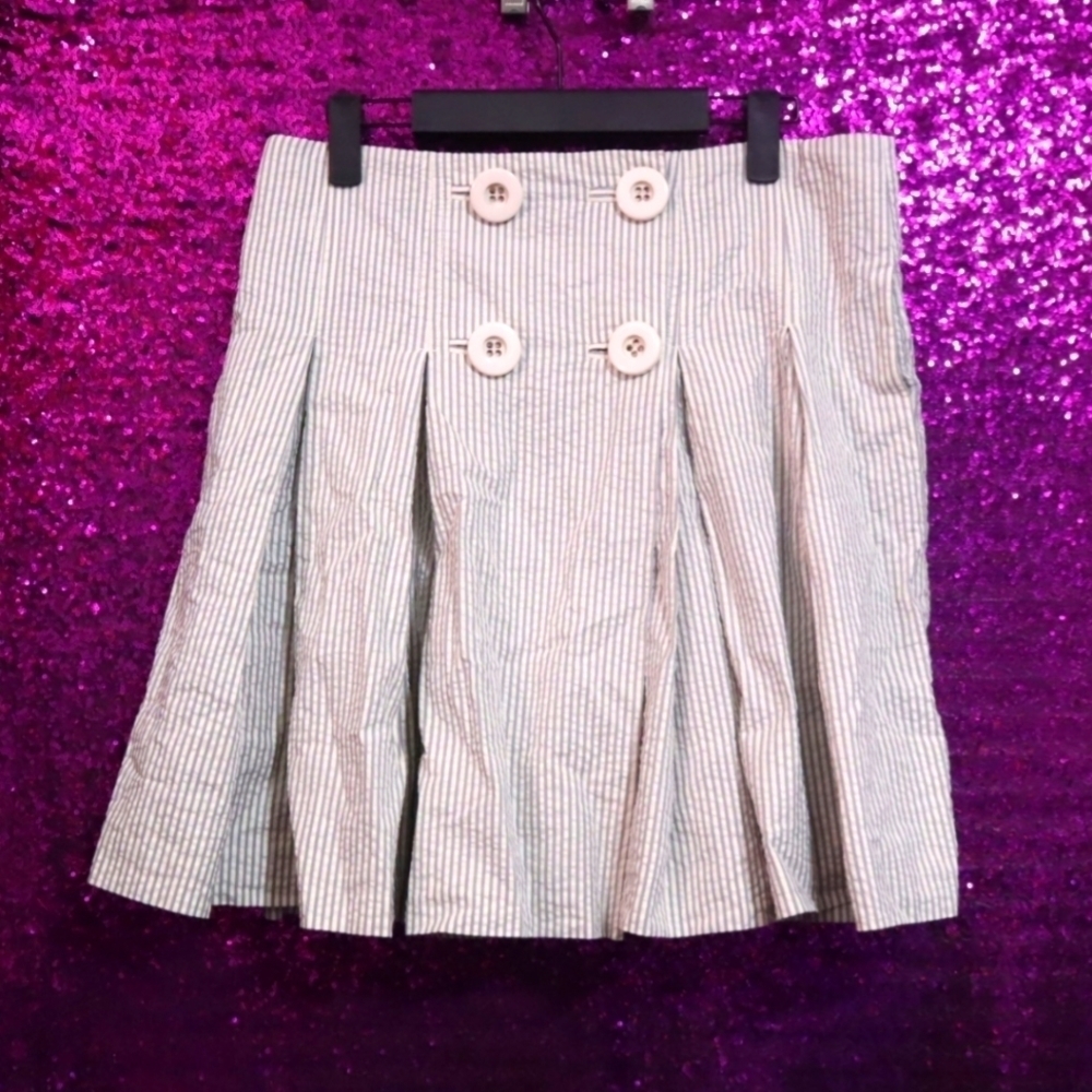 PINSTRIPE SKIRT 2 J Crew Grey White Pleated Cotton Preppy Buttons Retro Work